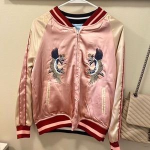 Womens silk bomber/bowling jacket. New, never worn. Reversible.